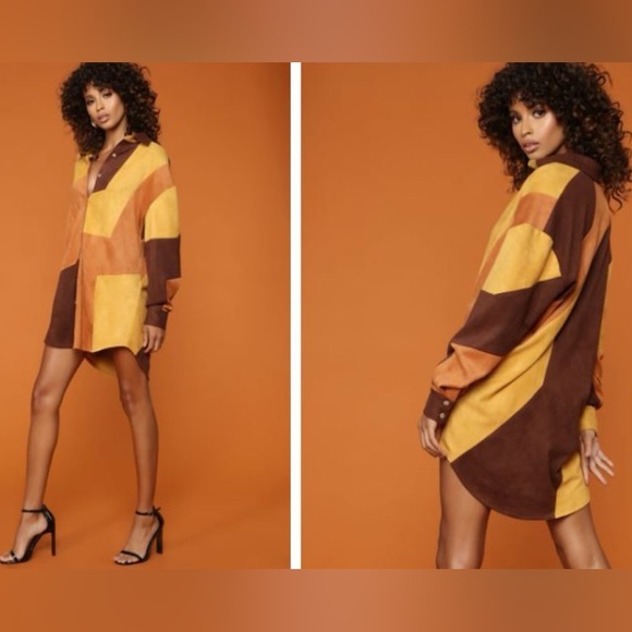 Fashion Nova Dresses & Skirts - Fashion Nova x Cardi B Retro Faux Suede Stretchy Color Block Shirt Dress 1X